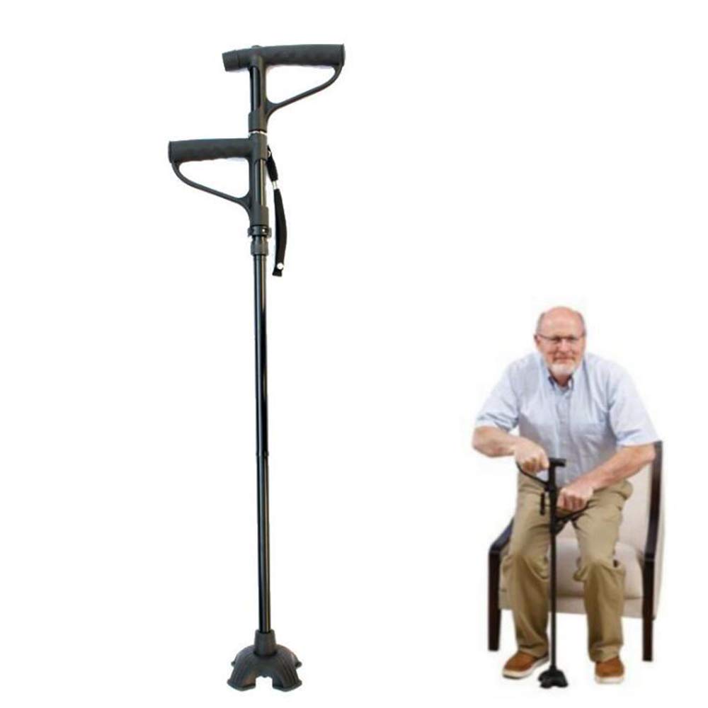 Stampelle Pieghevoli in Lega di Alluminio, Doppia Impugnatura Morbida Multifunzione con Luce LED Antiscivolo Quattro Piedi Bastone da Passeggio Regolabile in Altezza Ausili per la deambulazione