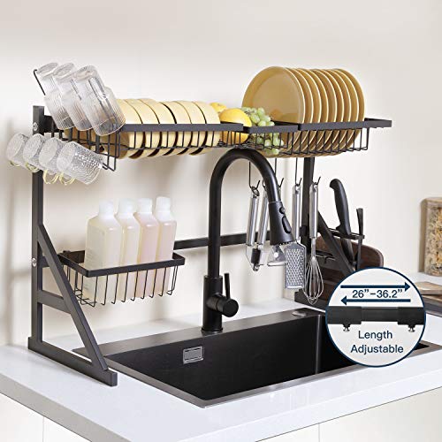 KORVOS Over The Sink Dish Drying Rack, Length Adjustable (26’’-36.2’’) Dish Rack for Kitchen Bowl Storage, Easy to Install, Dish Drying Dariner Above Sink with Cup and Utensil Holder, Black