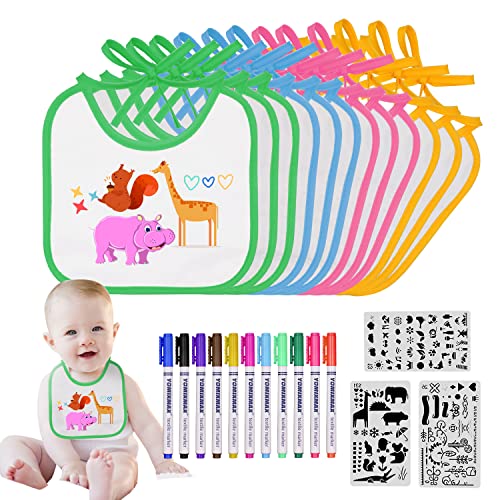 Aohcae 12 Stück Lätzchen zum Bemalen, Lätzchen Bemalen Babyparty 12 Textilstiften und 3 Malen Schablonen Baby Shower Spiele für Babyshower Party Junge Mädchen Cover