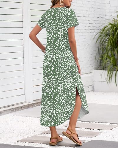 Image of MISFAY Women's Summer Maxi Dress 2026 Casual Short Sleeves V Neck Loose Sundress Split Long Beach T Shirt Dress