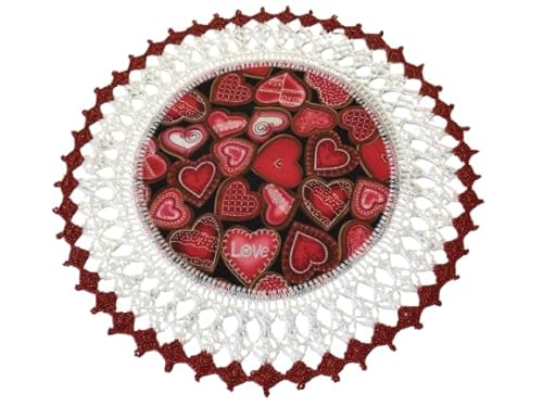 Handmade Valentines Day Doilies Red Heart Doily Table Topper Round Decoration Crochet 16 Inches Centerpiece Lace Edge with Valentine Hearts Pattern Cotton