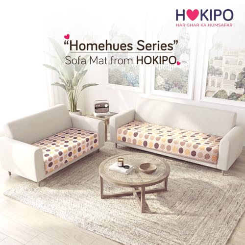 Image of HOKIPO 'Homehues Series' Printed Quilted 5 Seater Sofa Cover Set - Washable 3+2 Sofa Cover Mat | Brown Polka Dot (IN-807 + IN-809 - D4)