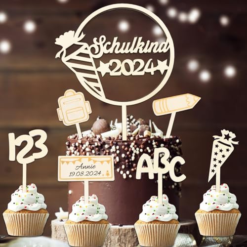 7 Stk Schulkind 2024 - Decoración para tartas (madera, 123 ABC)