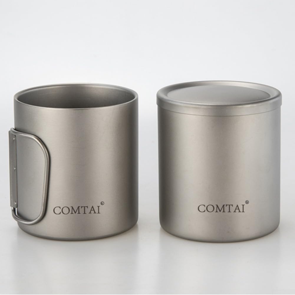 SPORTARC Tasse à eau portable de camping, tasse en titane, tasse à eau en titane à double paroi, tasse à café, thé avec couvercle, pour la maison, le camping, 220 ml, sans poignées