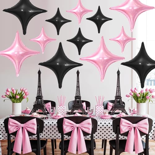 Image of Pink Black Star Balloons,12Pcs Four Angle Star Foil Balloons | 26Inch and 10Inch Pink Black Quadrangle Star Helium Balloon for Birthday Baby Shower Wedding Party Decorations
