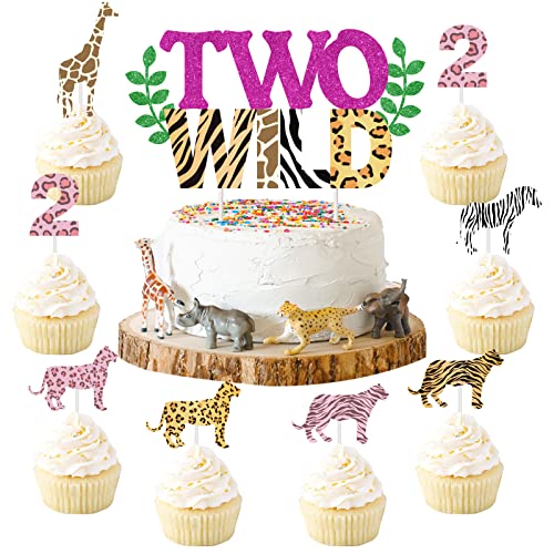 Two Wild Birthday Decorations for Girl - Two Wild Cake Topper, Animal Print Cupcake Toppers, 31 Pcs Jungle Safari Animal 2nd Birthday Party Cake Decorations