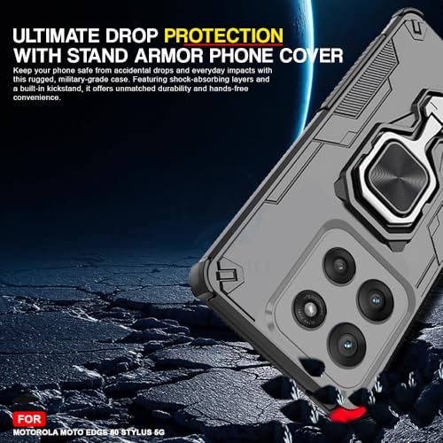 Image of AESTMO Armor Back Cover for Motorola Moto Edge 60 Stylus 5G | Ring Holder & Kickstand & Camera Protection in-Built | 360 Degree Protection Back Case Cover (Black)