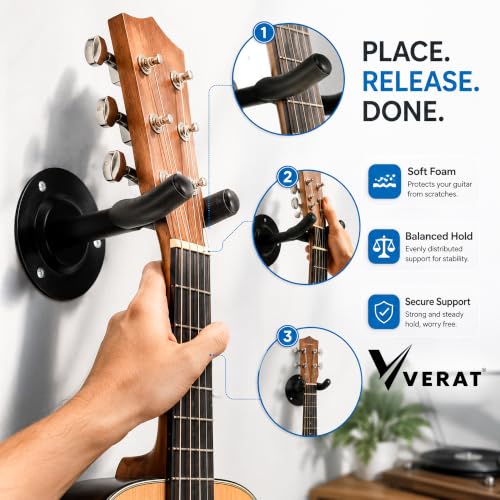 Image of VERAT 2 Pcs Guitar Wall Mount Hanger Hook, Wall Mounted Guitar Holder Stand with Soft Foam Padding, Heavy Duty Metal Guitar Rack for Acoustic, Electric, Bass Guitar, Ukulele, Banjo & Mandolin, Black