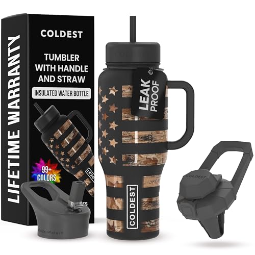Coldest Tumbler with Handle and Straw, 100% Leak Proof Insulated Tumbler with Lid and Straw (3 Lids), Stainless Steel Tumblers for Women & Men, Cup Holder Friendly, 36 oz (Camouflage Flag)