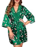 ADOME Womens Christmas Short Satin Kimono Robe Lingerie Nightgown Silk Bathrobe