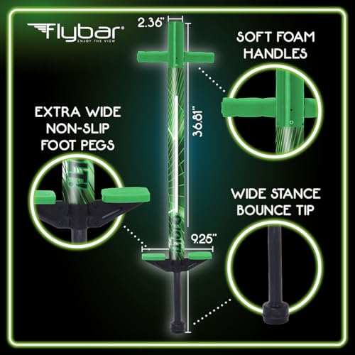 Image of Flybar Jolt Pogo Stick for Kids, Perfect for Beginners w /Foam-Covered Metal Frame, Handles & Padding, Non-Slip Foot Pads, Wide Tip, Outdoor Active Play Toy for Boys & Girls, Ages 6+, Lime Leaper LED