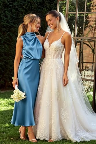 Image of Women's Satin Maxi Dress Summer Formal Wedding Guest Cocktail Dress | Mock Neck Sleeveless,Elegant Silk Midi Long Dress,High Neck,Halter,Aline,Bridesmaid,Bridal Shower Guest,Garden Party,Dinner