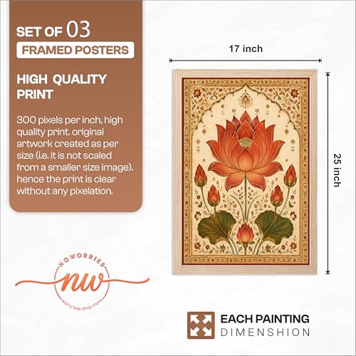 Image of NoWorries Lotus Peacock Wall Art Set of 3 Framed Prints | Indian Traditional Floral Botanical Painting, Royal Rajasthani Lotus Poster, Vintage Ethnic Wall Decor for Living Room Bedroom Home (Synthetic Engineered Wooden Frame) (Synthetic Engineered Wooden Frame) (MIN -9,17x25 inches)
