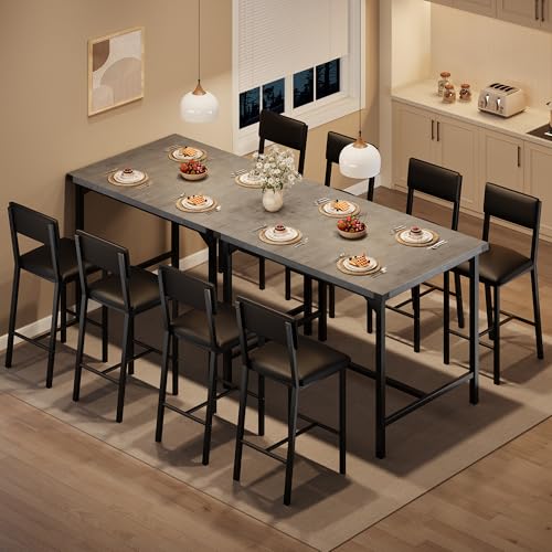 GarveeHome Dining Table Set for 4 W/Footrest & Backrest, Counter Height Table with 4 Upholstered Bar Stools, Kitchen Table Set with Corner Protector, for Small Space, Retro Gray
