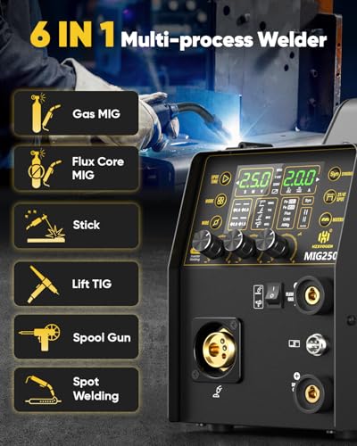 Image of H HZXVOGEN MIG Welder, 250Amp 6 in 1 Gas MIG /Flux Core MIG /Stick /Lift TIG /Spot welding /Spool Gun 110V /220V Aluminum Multi Process Professional Welding Machine with LED Digital Display, 2T /4T