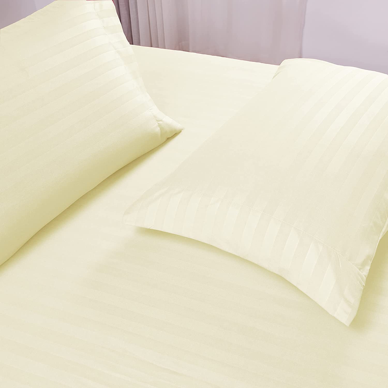 Zestaw pościeli 100% egipskiej bawełny 6-częściowy - długie zszywki 400 gęstość splotu 32 cm głębokie prześcieradła - zestaw pościeli chłodzących - paski w kolorze kości słoniowej, pojedynczy rozmiar.