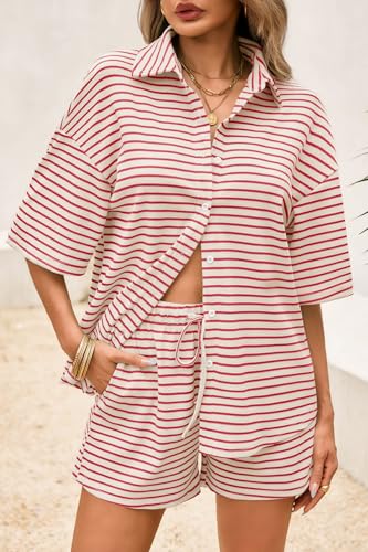 Image of Tankaneo Womens Striped 2 Piece Sets Short Sleeve Lounge Set