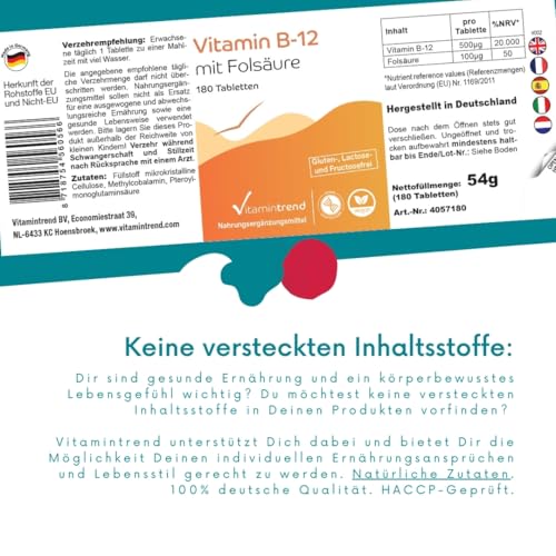 Vitamintrend Vitamin B12 500µg mit Folsäure 100µg, 180 Tabletten, schluckfreundlich, hochdosiert, Nahrungsergänzungsmittel vegan ohne Magnesiumstearat, in Deutschland hergestellt
