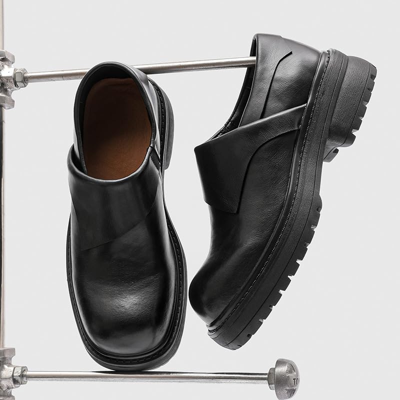 Men's Leather Big Round Toe Platform Heighten Loafers Fashion Block Chunky Heel Lug Sole Non-Slip Slip-On Dress Loafers for Business Commuting Daily4