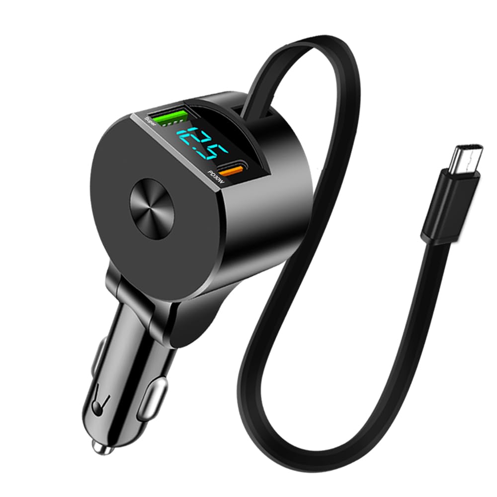 Retractable Car Charger, 75W Fast Car Phone Charger, 30W USB C Car Charger Adapter, 22W Type-C Retractable Cables 22W USB-A Super Fast Car Charge Adapter Compatible with iPhone Samsung iPad Tablet