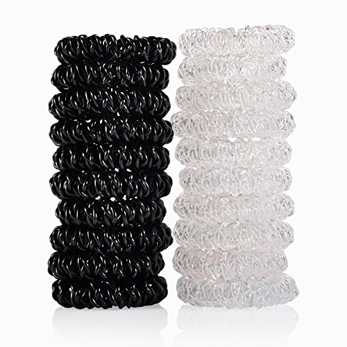 LucyGod 20PCS New Design Spiral Coil Elastic Hair Ties No Crease Ponytail Holders Rubber Bands, Black&Clear