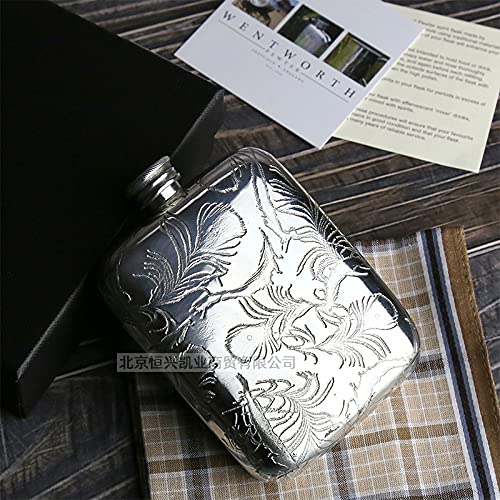 Wentworth-Peacock Pattern 4Oz Pewter Pocket Flask With Leather Pouch -844Pea- Lead-Free Handmade In Uk #TOP3