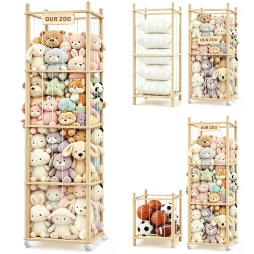 Image of Stuffed Animal Storage, Wood Stuffed Animal Zoo Storage with Brake Wheels, Large Capacity Stuffed Animal Holder, Perfect for Nursery Playroom Kidroom Bedroom