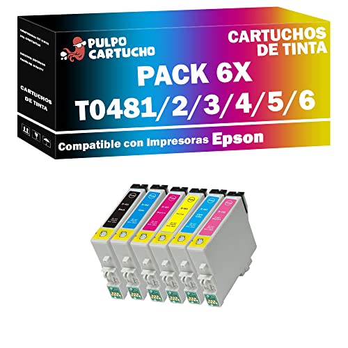 Pulpo Cartucho - Pack de 6 Cartuchos de Tinta T0481/2/3/4/5/6 Compatibles Válidos para impresoras Epson Stylus Photo R200/210/220/230/300M/310/320/330/340/350 y RX300/500/510/600/620/630/640 Cover