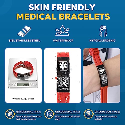 Theluckytag Medizinisches Armband mit QR-Code-Notfall-ID, aus Silikon, wasserdicht, passt bis 22,9 cm Handgelenk, Notfallinfo, mehr Platz, für Sport, Jungen/Mädchen/Damen/Herren, 9’’, Silikon, Kein