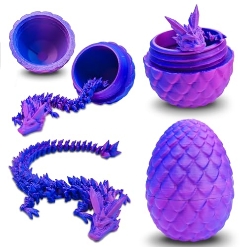 Cuackamily 3D Printed Dragon with Egg,Arctic Crystal Dragon Fidget Toy with Flexible Joints,Home & Office Decor Set/Laser Purple Gift for Kids & Adults