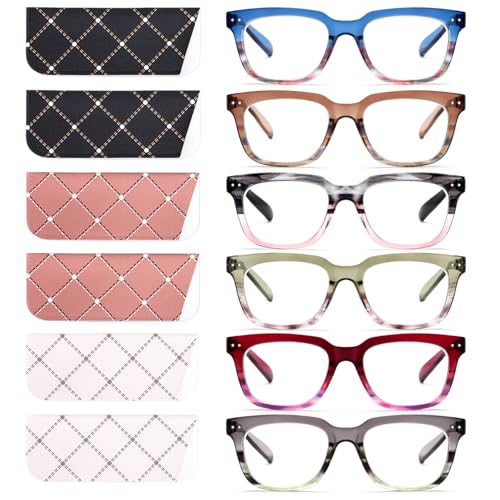 CHOFILORD 6 Pack Fashion Reading Glasses for Women Men Blue Light Blocking Oversized Square Readers with Spring Hinge (Mixed A2, 2.25, x)