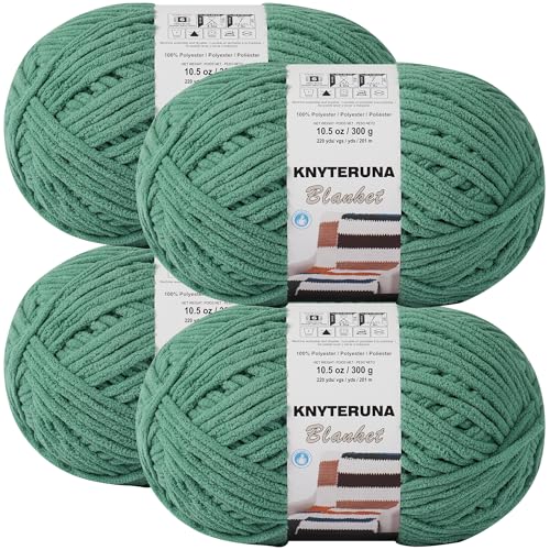 Image of #6 Super Bulky Blanket Yarn for Crocheting - 4 Skeins(Each 10.5oz /300g, 220yds /201m), Chunky Chenille Thick Plush Big Soft Yarn for Crocheting Knitting Blankets, Misty Jungle Green