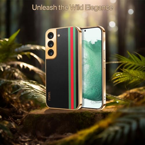 Image of Vaku Luxos Felix Line Back Cover for Samsung Galaxy S22 5G with Leather Pattern Gold Electroplated Soft TPU Cover Shockproof Protective Case - Black