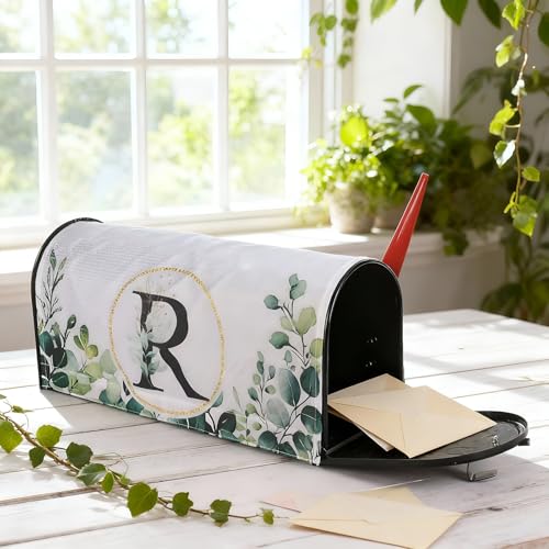 Image of Tiamon Monogrammed R Mailbox Covers Magnetic Eucalyptus Welcome Letter Box Wrap Standard Size 21x18 Inch Spring Summer Leaves Mailbox Decor Eucalyptus Letter Numbers Decoration for Outdoor Garden Yard