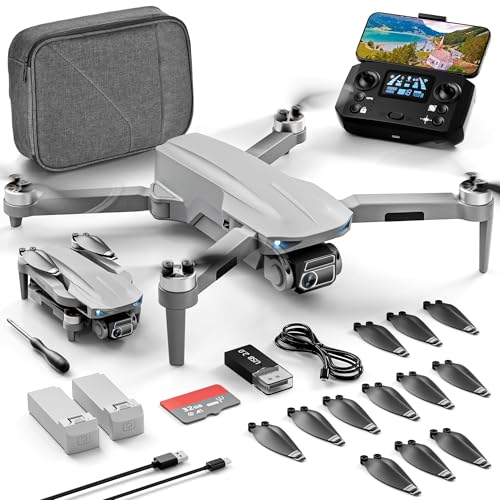 Drone with camera kit featuring a compact drone, remote control, smartphone holder, extra propellers, batteries, and accessories, ideal for beginners exploring aerial photography.