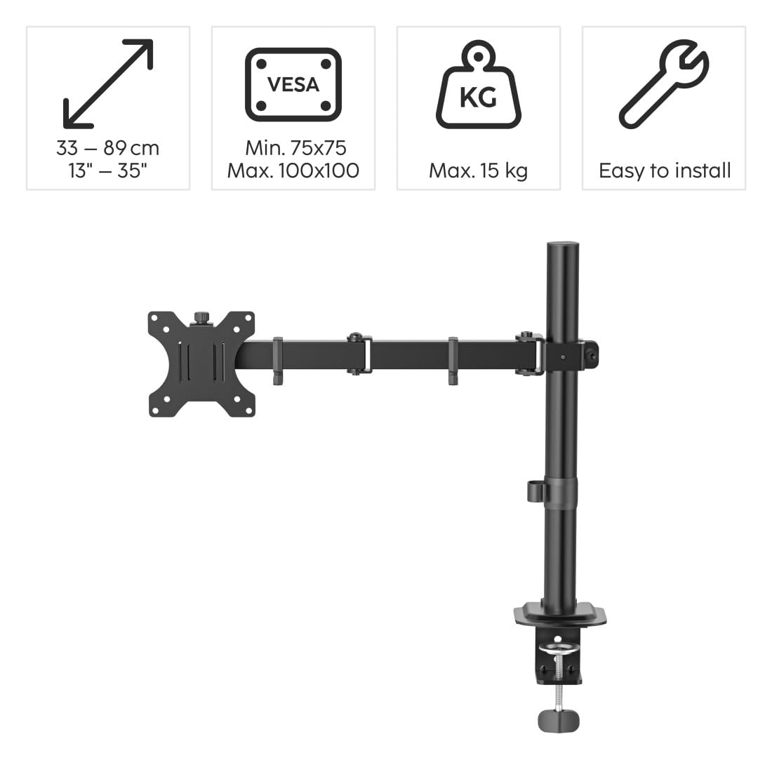 Supporto per monitor, regolabile in altezza, orientabile e inclinabile, estensibile, da 13" a 35"