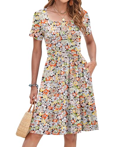 Image of AUSELILY Womens Summer Dresses 2025 Casual Short Sleeve Dress Square Neck A-Line Ruffle Sundress with Pockets