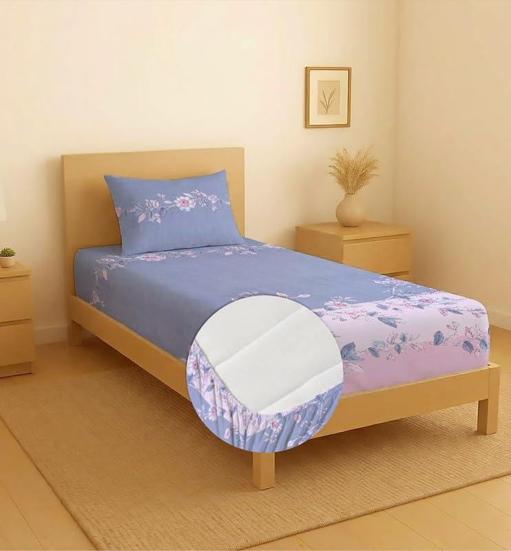 Image of Premium Cotton Elastic Fitted Bedsheets with 1 Pillow Covers |Floral Printed Single Bed Elastic 220 TC Supersoft Breathable & Wrinklefree | for 72x36+6 Inches, Blush Pink
