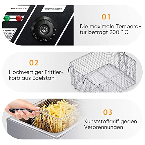 Friteuse mit Fett, 2200W Profi Fritteuse Edelstahl Semiprofessionelle Friteuse mit Öl Testsieger Elektrische mit Haken Fritteuse Professionelle Friteuse fur Pommes Frites Hühnchen 44x28.5x28cm – Bild 6
