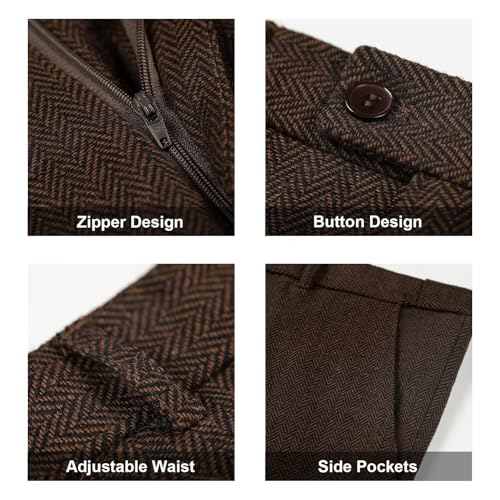 Herringbone Retro Tweed 3 Pieces Suits for Men Prom Suit Set Classic Tuxedo Mens Suits Slim Fit Formal Autumn Winter Jacket Pants Set Dark Brown 3XL 5