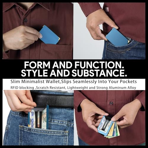 Image of Minimalist Wallet for Men, Slim Metal RFID Blocking Wallet Credit Card Holder Money Clip & Cash Strap, Scratch-Resistant Holds 15 Cards,Ideal Gift for Men | Matt Blue