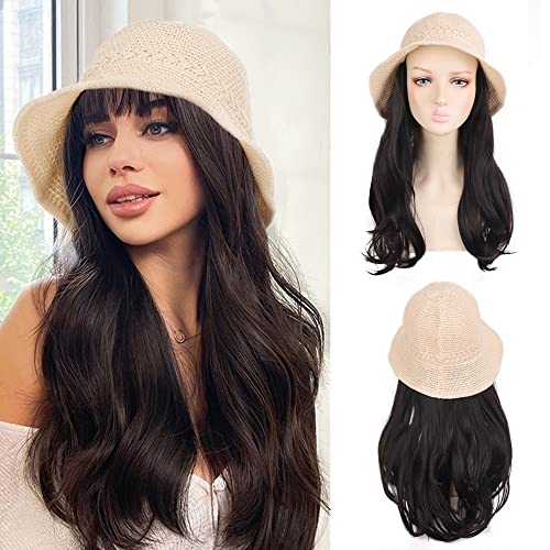 Seeano Hat Wig Ladies hat Wig Curly Wavy Wig Sunscreen Hat Wig Removable Hat Wig Hat Extension Synthetic Wig for Daily Party Use(brown black)
