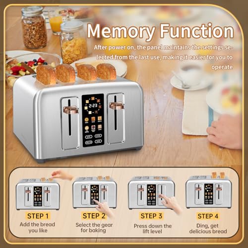 Image of SEEDEEM Toaster 4 Slice, Stainless Toaster & Touch Control, LCD Display, 6 Bread Type, 7 Shade Settings, 1.5'' Wide Slots, Cancel /Defrost /Reheat, Removable Crumb Tray, 1800W, Silver Metallic