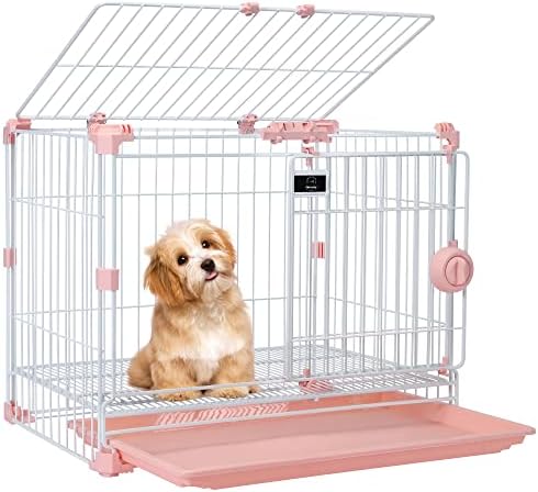 VARLNALY 24 Inches Cat Dog Crate, Multiple Stackable Small Pet Kennel Cat Playpen with Double Door and Drawer Leak-Proof Tray, Thick Sturdy Carbon Steel Pet Cage for Small Dogs, Cats, Rabbits (Pink)