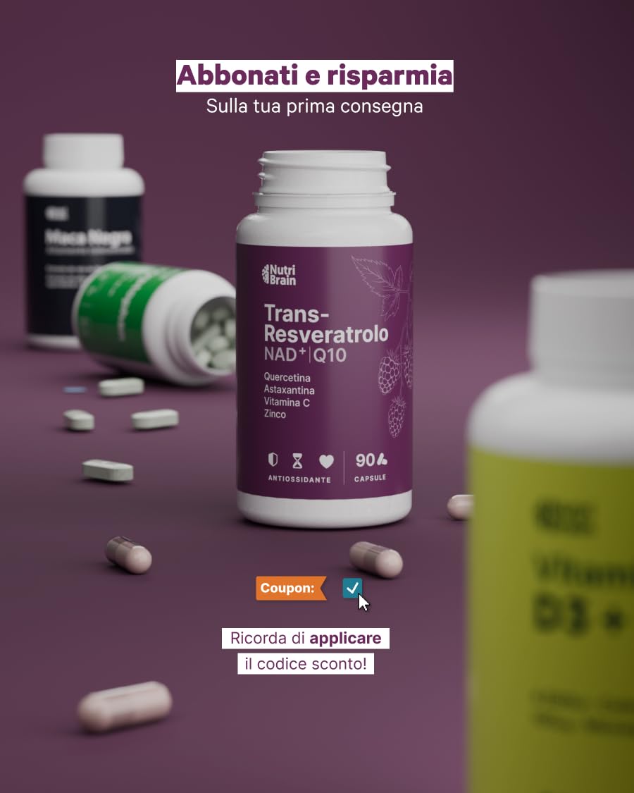 Trans-Resveratrolo, NAD⁺, Coenzima Q10, Quercetina, Astaxantina, Vitamina C e Zinco | Antiossidante, Anti-Età e Difese Immunitarie | 90 Capsule | Formula Avanzata con 7 Attivi Sinergici | 3 Mesi