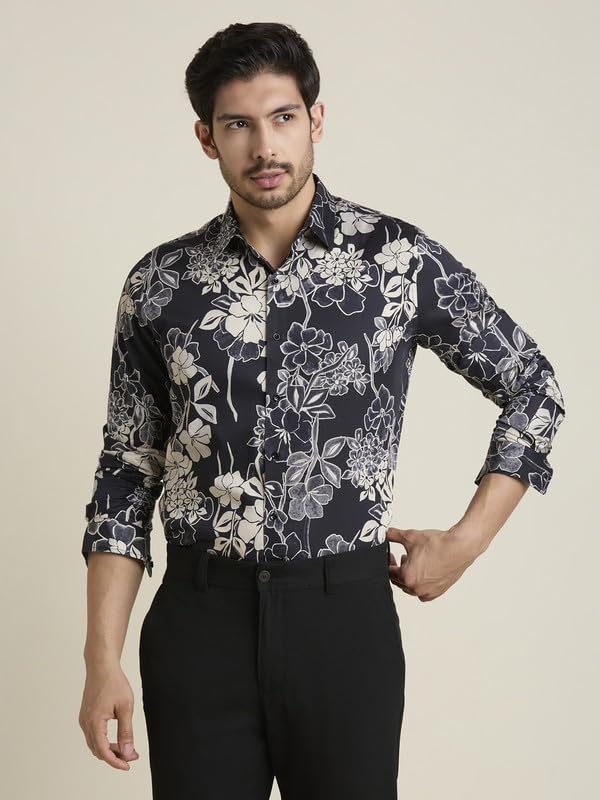 Image of MARK & ALBERT Men's Printed Full Sleeves Regular Fit Shirt Blue | 100% Cotton Stretchable Fabric