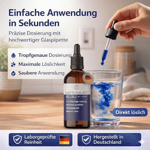 Methylenblau Tropfen Pharmaqualität | 1% | Laborgeprüft (>99,8% rein) | Made in Germany | 50ml