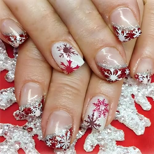Snowflake Press on Nails Short Square Christmas Fake Nails with Red White Snowflake Designs Xmas Winter Red Silver Glitter French Tip False Nails Press ons Acrylic Glue on Nails for Women 24 Pcs