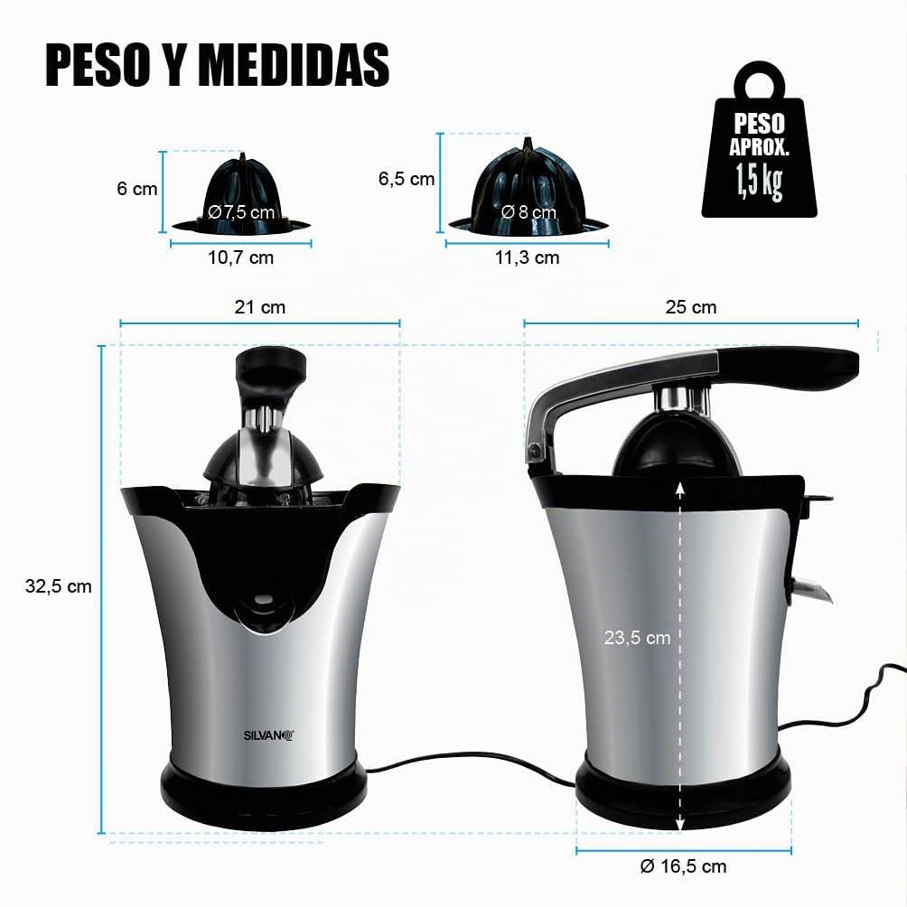 Exprimidor Eléctrico Silvano, Exprimidor de Naranjas con Palancas de Presión, Extractor Zumo 160W, Boquilla de Acero Inoxidable con Sistema Antigoteo, Base Antideslizante, Apto Lavavajillas