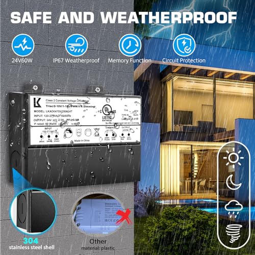 Image of 24V 60W Dimmable LED Driver, 5-in-1 Triac /ELV /MLV /0-10V /1-10V /PWM /V-R Dimming AC to DC Power Supply, IP67 Waterproof LED Transformer, UL Listed, Compatible with Lutron & Leviton Dimmer